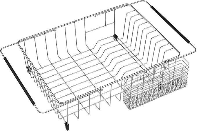 SANNO Expandable Dish Drying Rack, Large Dish Rack Adjustable Deep Dish Drainer Stainless Steel Cutlery Utensil Holder Silverware Organizer Rack with Hooks - Image 7