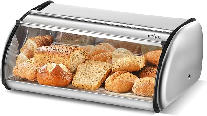ENLOY Bread Box for Kitchen Counter, Stainless Steel Roll Top Bread Bin, Sliver Bread Storage Holder with Lid, Large Capacity Bread Keeper, 17 x 11 x 7 Inches - Image 2