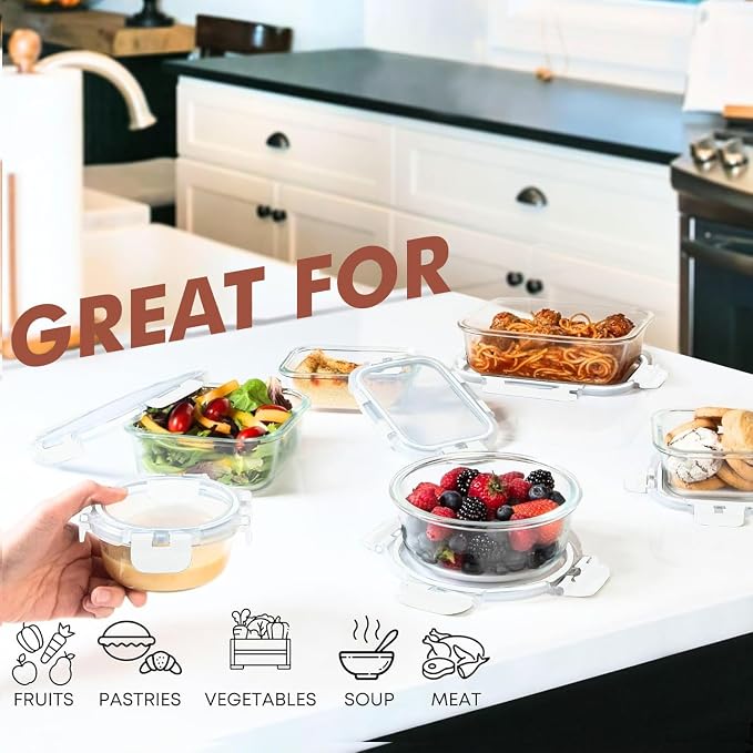Razab 30 PC Glass Food Storage Containers with Lids - Reusable Glass Meal Prep Containers for Lunch and Leftovers - Airtight & Leakproof Snap Locking Lids - Oven, Freezer, Microwave, Dishwasher Safe - Image 4