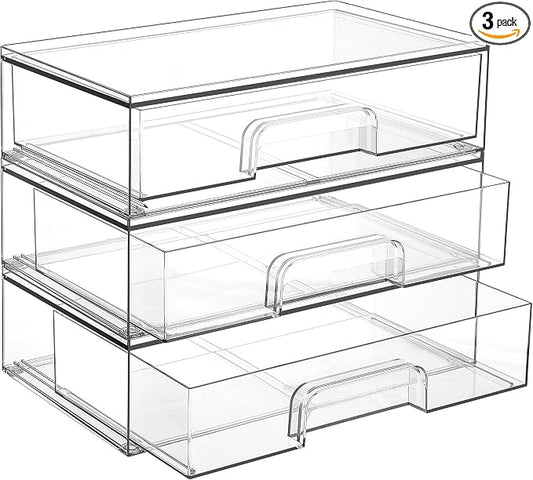 Vtopmart 12.1''W Clear Stackable Storage Drawers,3 Pack Acrylic Plastic Organizers Bins for Makeup Palettes, Cosmetics, and Beauty Supplies,Ideal for Vanity, Bathroom,Cabinet,Desk Organization | Clear Pull-Out Plastic Drawers, Stackable Design for Make... by Vtopmart
