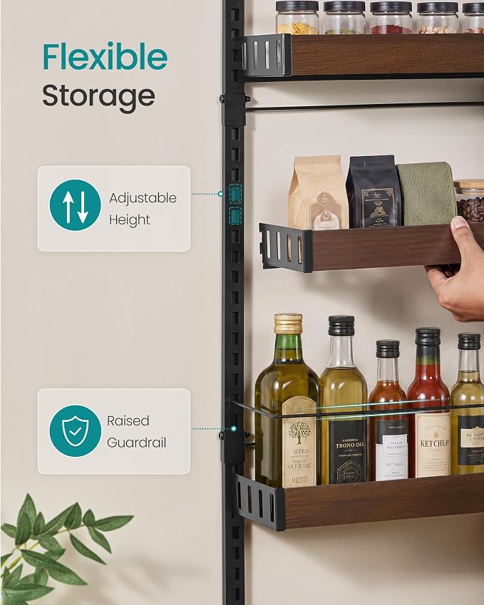 SONGMICS 6-Tier Over the Door Pantry Organizer, Adjustable Spice Rack with Anti-Tipping Wire, Wall Mounted Storage, 16.9 x 6.2 x 55.3 inch, Ink Black and Natural Walnut, UKCS048B101 - Image 4