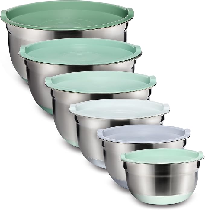 COOK WITH COLOR Stainless Steel Mixing Bowls Set with Lids - Nesting Bowls with Non-Slip Bottom, Sage, 12 Pieces - Image 8