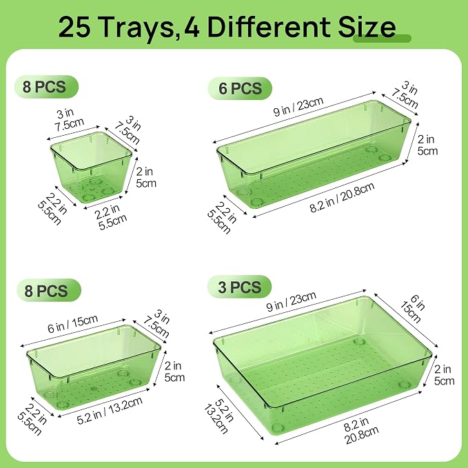 Vtopmart 25 Pack Plastic Drawer Organizers with Non-slip Rubber Pads | 4-Size Versatile Makeup Organizer, Storage Containers Small Bins for Makeup, Jewelries, Bedroom, Kitchen Utensils and Office - Image 2