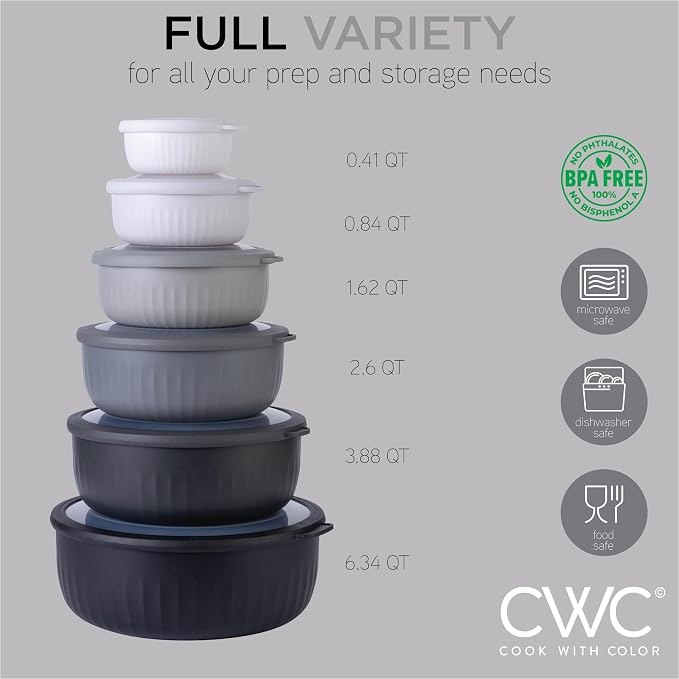 COOK WITH COLOR Prep Bowls with Lids- Wide and Deep Nesting Plastic Small Mixing Bowl Set with Lids, 12 Piece Set - Wide Bowls, Black/White - Image 3