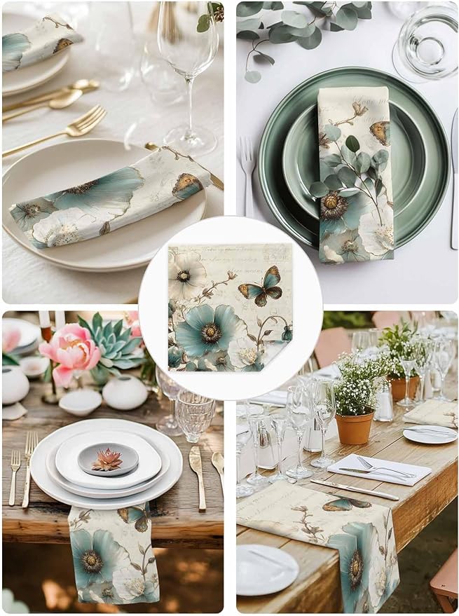 Turquoise Flowers Cloth Napkins Washable Set of 6, 20 x 20 Inch Reusable Rustic Spring Botanical Floral Butterfly Dinner Table Napkins Cloth Bulk for Weddings Kitchen Restaurants Hotel Events Parties - Image 4