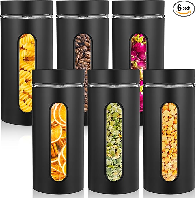 Patelai 6 Pack Kitchen Canisters Set Airtight Stainless Steel Canister Food Storage Container with Window Glass, Coffee Sugar Candy Jars Tea Organizer for Flour Cookies Spice(Black,44 oz) by Patelai