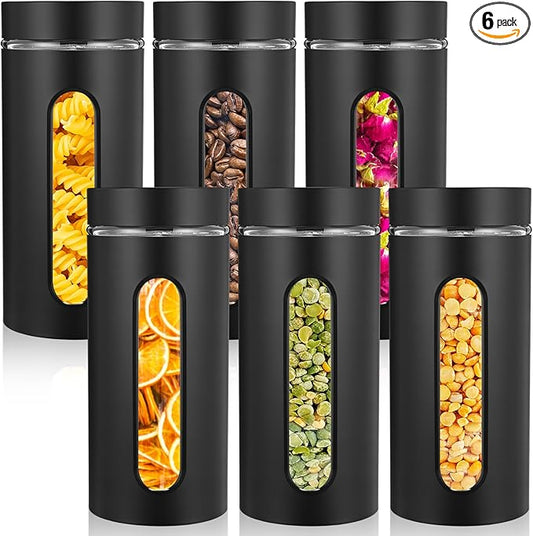 Patelai 6 Pack Kitchen Canisters Set Airtight Stainless Steel Canister Food Storage Container with Window Glass, Coffee Sugar Candy Jars Tea Organizer for Flour Cookies Spice(Black,44 oz) by Patelai