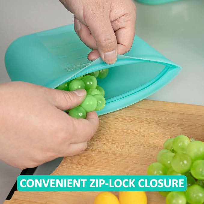 Reusable Freezer Bags Quart Size, 4 Pack, 100% Silicone Stand Up Ziplock Reusable Silicone Food Storage Bags Sandwich Bags Containers, Freezer Microwave Oven Dishwasher Safe, Aqua, 33.8fl.oz - Image 5