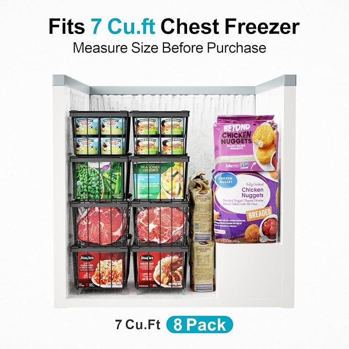 Chest Freezer Organizer - Small Storage Baskets for 7 Cu.Ft, 8 Pack | Easy Access Handles, Stackable Deep Freezer Wire Baskets, Vertical Space Sorts for Frozen Meat, Vegetable and Bagged Items - Image 2