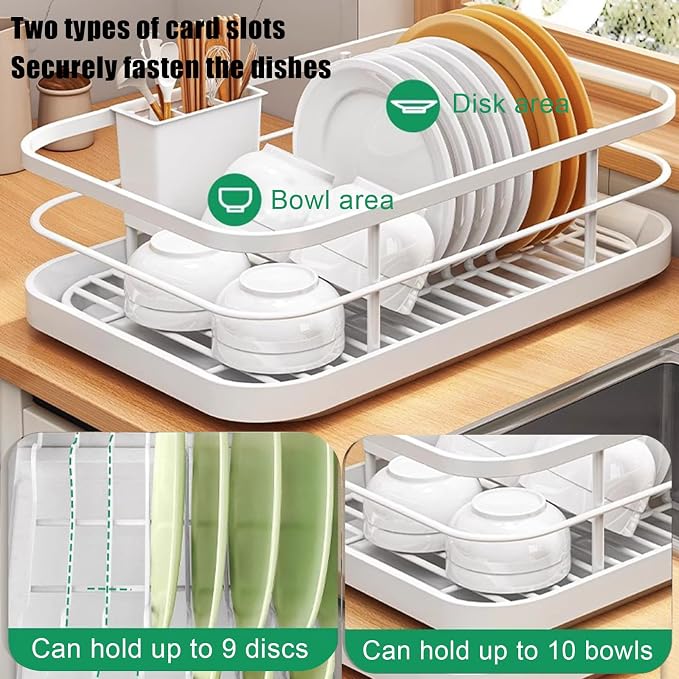 Kitchen Counter Dish Drying Rack,Stainless Steel Dishes Drainer with Utensil Holder,Space-Saving Dish Rack,Removable Plastic Drainer Tray for Dishes, Knives, Spoons (Black,Has Cup Holder) - Image 2