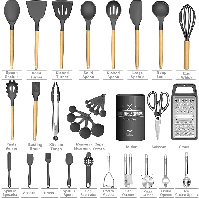 Umite Chef Silicone Kitchen Utensil Set, 34PCS Heat Resistant Kitchen Gadgets and Tools With Grater, Wood Handles for Nonstick Cookware (Dark Gray) - Image 5