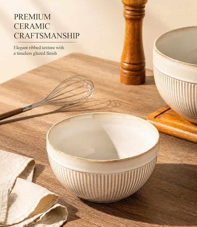 GBhome Ceramic Mixing Bowls Set of 3, Stoneware Nesting Serving Bowls | 45/90/150 oz For Prep, Baking, Serving, Gift, Microwave and Dishwasher Safe, Ribbed Dishware Collection,Cappuccino - Image 5