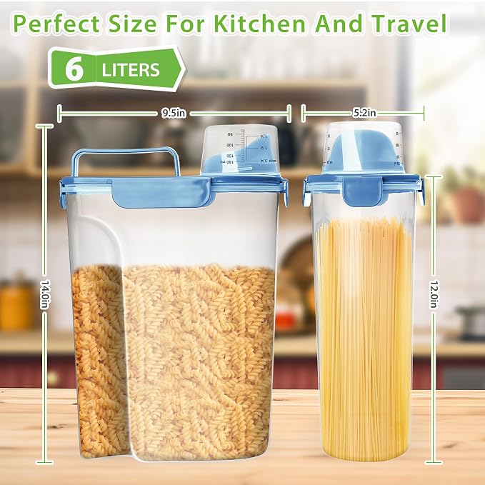 Viretec Rice Storage Container, 5 to 10lb Dry Food Airtight Dispenser, Pet Dog Cat Food Canister, BPA Free Clear Plastic Kitchen and Pantry Bin for Oatmeal, Cereal, Pasta, Flour Pack of 2 Blue - Image 2