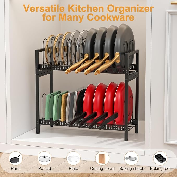 Housolution 2 Tier Expandable Pot and Pan Lid Organizer Holder Rack | 12"-20" Expandable, Adjustable Dividers, 2 DIY Methods for Flexible Storage - Image 4