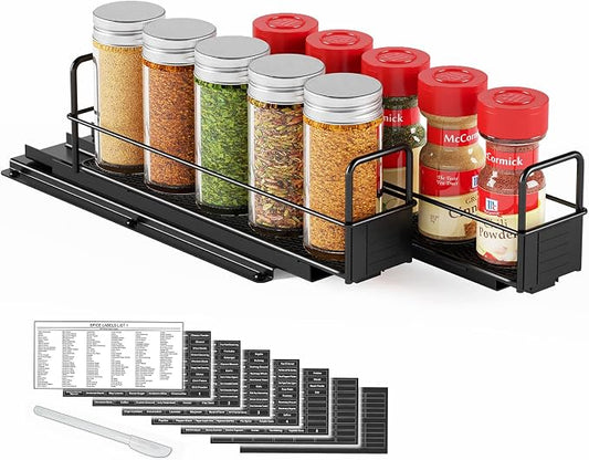 SpaceAid Pull Out Spice Rack Organizer for Cabinet, Heavy Duty Slide Out Seasoning Kitchen Organizer, Cabinet Organizer, with Labels, 5.2" W x10.8 D x4 H, 2 Drawers 1-Tier by SpaceAid