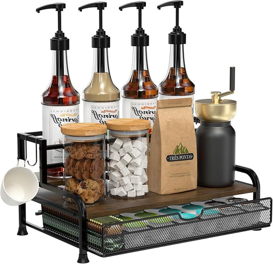 Coffee Syrup Rack Organizer, with Anti-Fall K-Cup Pod Holder Drawer | Black Metal Rack for 8 Syrup Bottles, Countertop Bottle Holder Stand for Wine, Space-Saving Design for Kitchen Cafe Station by PONEYA