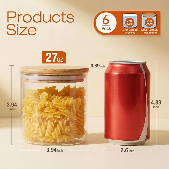 27 oz Glass Jars with Bamboo Lids, Airtight Food Storage Containers, 6 Pack | Round Small Pantry Jars for Spices, Nuts & Seeds , 3mm Borosilicate Glass Canisters Keep Food Fresh, Easy to Fill & Clean - Image 3