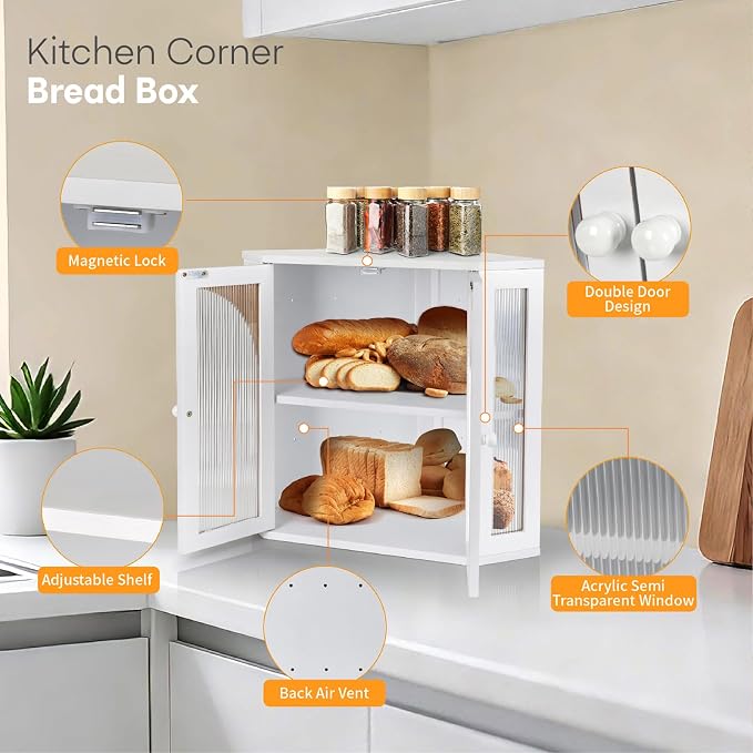 Corner Bread Box for Kitchen Countertop,Double Layer Bread Holder | 3 Adjustable Height, Large Capacity, Magnetic Acrylic Door, Bamboo Bread Storage Container for Homemade Bread, White - Image 5