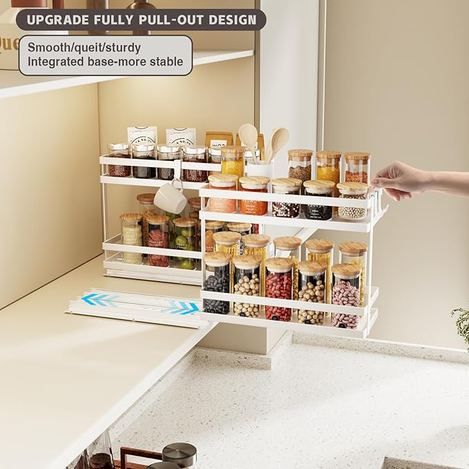 Magheo Pull Out Spice Rack Organizer for Cabinet, 1 Pack Metal Seasoning Organizer Slide Out Spice Storage Shelf No Assembly Vertical Spice Rack Pullout for Kitchen & Bahthroom No Drill(2 Tier,White) - Image 2