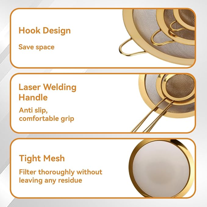 Fine Mesh Strainer Set, Gold Strainer for Juicing Stainless Steel Fine Mesh Strainer Set Of 3 with Handle for Kitchen Food Flour Baking - Image 7