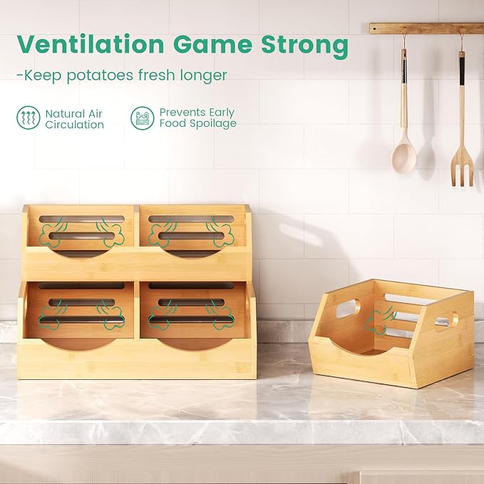 Potato and Onion Storage Bin, 2 Tier Bamboo Kitchen Storage Rack, Stackable Ventilated Pantry Organizer with Handles for Garlic Peppers Vegetables, Countertop Produce Bins, Natural Brown - Image 3