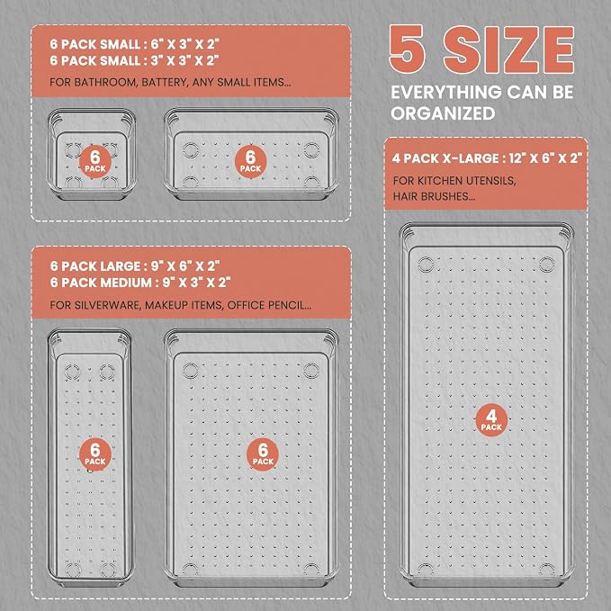 Large Clear Plastic Drawer Organizer 28 Pack - 5 Sizes (XL to small) Acrylic Drawer Organizer Trays for Kitchen Utensils, Gadgets, Bathroom, Vanity and Makeup, Office - Everything Can Be Organized! - Image 2