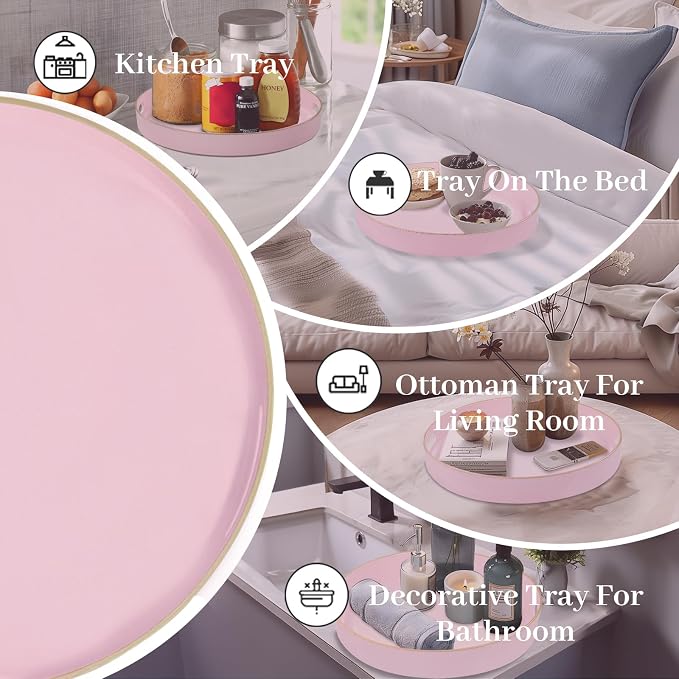 13" Pink Decorative Tray, Plastic Round Serving Tray with Handles | Decorative Tray for Coffee Table, Modern Ottoman Tray, Circle Tea Tray, Round Melamine Tray for Living Room, Bathroom - Image 7