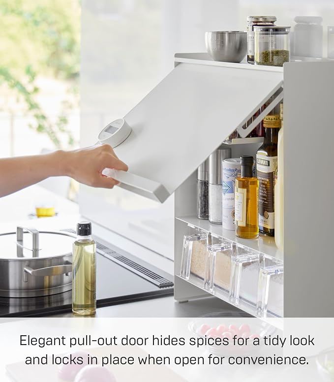 YAMAZAKI Home Spice Rack, Large Multi-Tier with Door Metal Shelves, White | Large kitchen seasoning and condiments spice rack features a concealable design with a door. A smart fit for modern homes. - Image 3