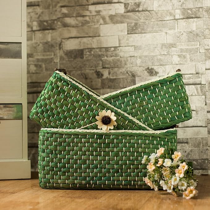Baskets Woven Maize Storage Bins Set of 3,Kingwillow. (Green,Rectangular) - Image 5