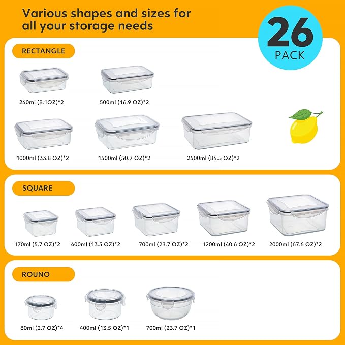 52 PCS Food Storage Containers Set with Airtight Lids (26 Lids &26 Containers) - BPA-Free Plastic Food Container for Kitchen Storage Organization, Salad Fruit Lunch Containers with Labels & Marker - Image 2