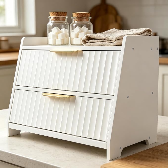 Large Bread Box, White, Double Layer Wooden | Top Shelf, Countertop Organizer Cabinet, For Bread & Coffee Station, Kitchen Essentials Storage by Txcucc