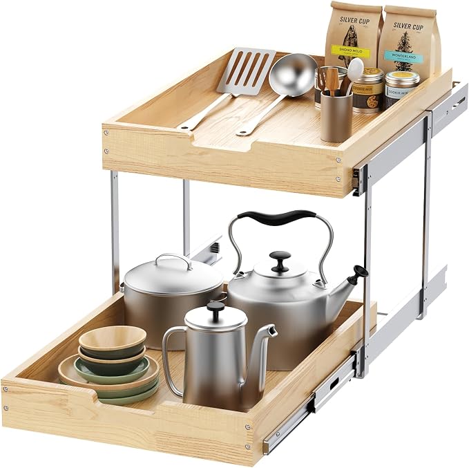 Sikarou Wood Pull Out Cabinet Organizer 2 Tie 11" W x 21" D for 12" Cabinet Opening, Heavy-Duty Sliding Drawers for Inside Cabinets Storage and Organization for Kitchen, Pantry, Bathroom by SikarouStorageSpecialist