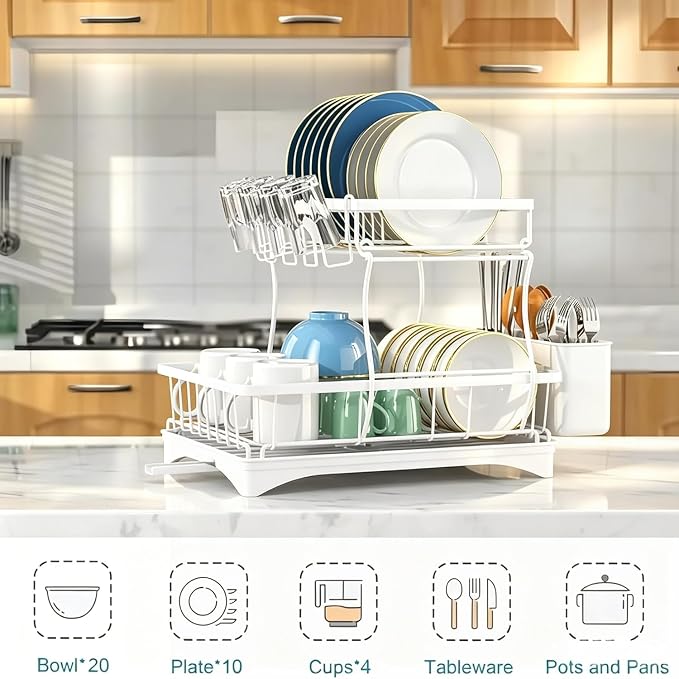 Dish Drying Rack for Kitchen Counter, 2 Tier Stainless Steel ​Sinkside Dish Racks with Drainboard Set, Stainless Steel Rustproof Dish Drainer with Drainboard, Kitchen Removable Cutlery Holder, White - Image 3