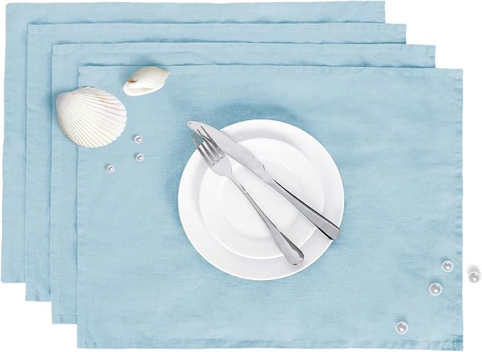 Linen Placemats 14x19Inch Set of 4,100% Linen Placemats Natural Rustic Tablemats for Easter,Mother's Day,Summer,Handcrafted from European Flax(Baby Blue) by LLinenWorld