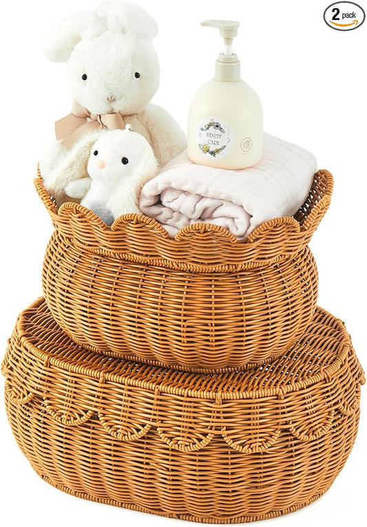 2 Pcs Scalloped Rattan Baskets, Baby Diaper Caddy, Imitation Woven Rattan Wicker Storage Baskets Plastic with Lid for Nursery Storage Organizer Bathroom Decor (Dark Brown,Small,Medium) by Juexica