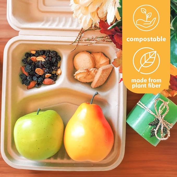 100% Compostable Disposable Food Containers with Lids [8”X8” 3-Comp 200 Pack] Eco-Friendly Take-Out TO-GO Containers, Heavy-Duty, Biodegradable, Unbleached by Earth's Natural Alternative - Image 4