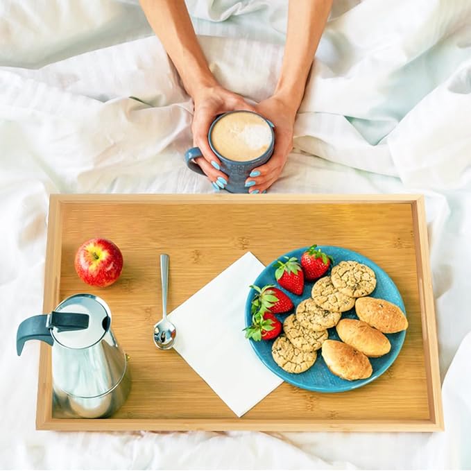 4 Pack 18 x 13 Inch Bamboo Serving Trays with Handle, 18 x 13 x 1.4inch Rectangular Bamboo Bed Trays, Large Lap Trays for Eating on Couch, Perfect for Breakfast, Tea, Bar, Dinner, and Parties - Image 6