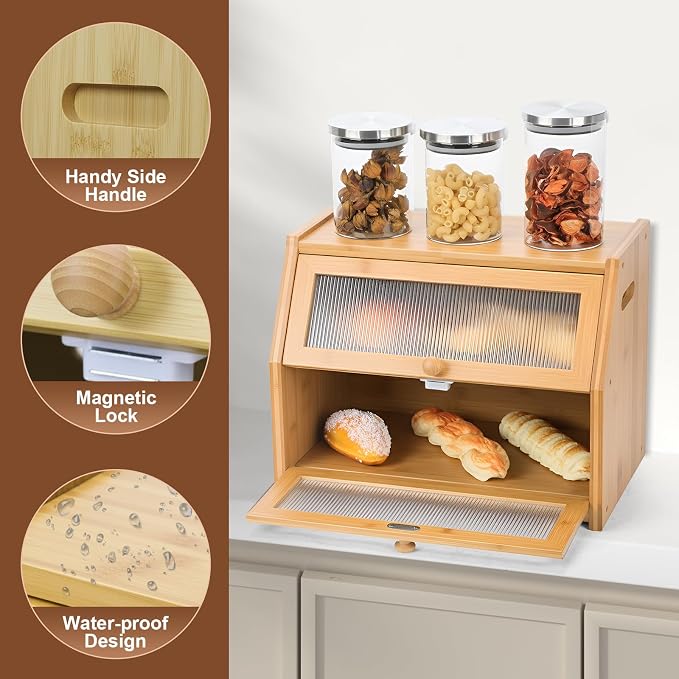 Large Bread Box for Kitchen Countertop, Wooden Bread Bin with Double Layer Storage and 0.6-inch Thick Natural Wood Panels, Rustic Bread Box Organizer for Kitchen (Natural Wood) - Image 4