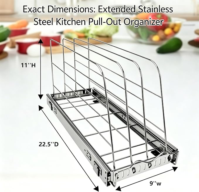 Pull Out Baking Pan Organizer for Cabinet, Cookie Sheet, Cutting Board, Tray Organizer for Cabinet, Adjustable, 22.5"D x11"H x 9"W, Pull/Slide Out Organizer-Heavy Duty, Chrome steel, 50-Year Warranty - Image 5
