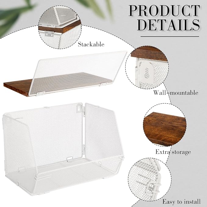 Teenyyou 2 Pcs Stackable Mesh Fruit Basket with Lid Wall Produce Vegetable Storage Basket Onion Potato Hanging Metal Wire Container for Kitchen Counter Pantry(Non-removable,White,7.1" w & 11.8" l) - Image 4