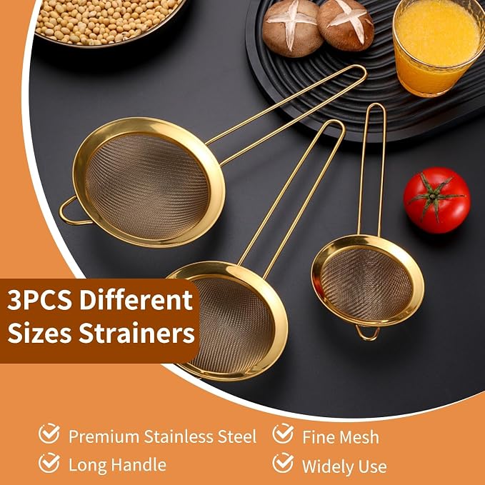 Fine Mesh Strainer Set, Gold Strainer for Juicing Stainless Steel Fine Mesh Strainer Set Of 3 with Handle for Kitchen Food Flour Baking - Image 5