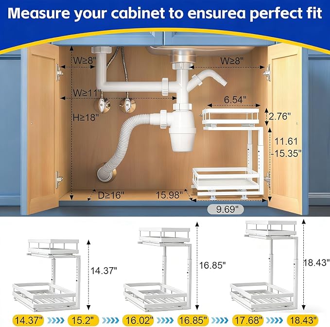 2-Tier Metal Pull-Out Under Sink Organizer, White, 1 Pack | Carbon steel 2-tier shelf, ball-bearing pull-out, adjustable height, no-drill setup, for bathroom and kitchen cabinets - Image 2