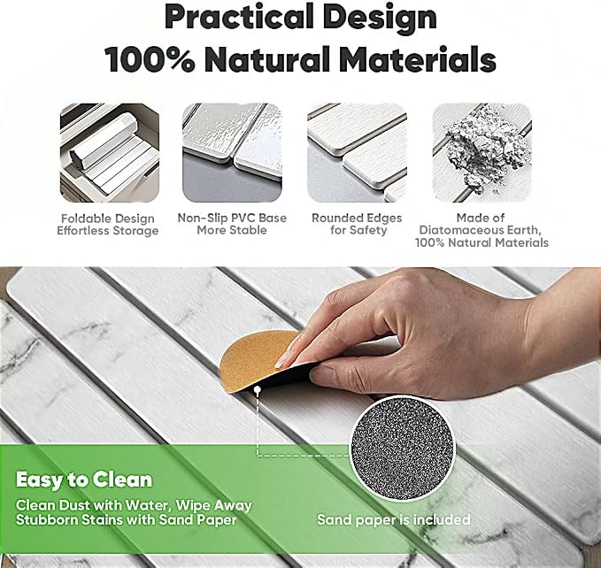 Stone Drying Mat for Kitchen Counter, Quick Diatomaceous Earth Mats for Dishes, 24"L x 16" W Super Absorbent Fast-Drying Collapsible Countertop Stone Mat (Marble White, 24" x 16") - Image 3