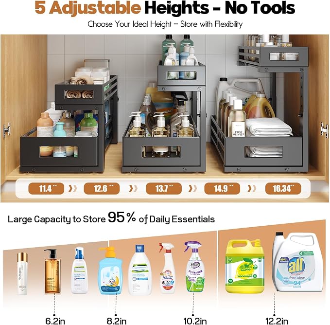 2-Pack 17"Deep Under Sink Organizer And Storage, 2-Tier L-Shaped Pull Out Cabinet Organizer with Upgraded Slide Rails, Height Adjustable Drawers for Kitchen&Bathroom, Extra-Large Storage Shelves–Black - Image 6