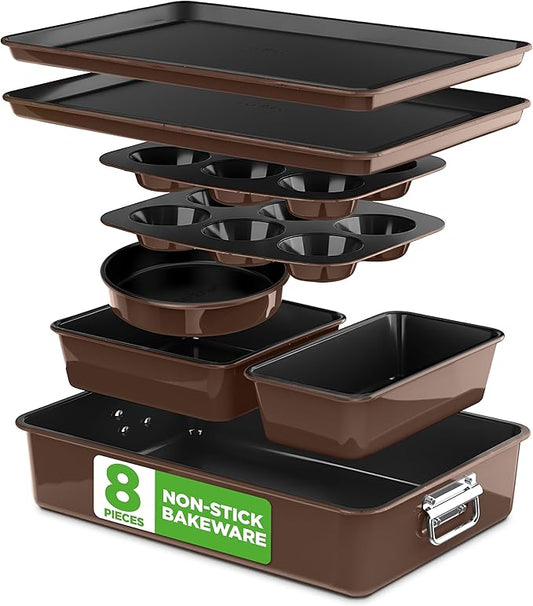 NutriChef 8-Piece Nonstick Stackable Bakeware Set - PFOA, PFOS, PTFE Free Baking Tray Set w/Non-Stick Coating, 450°F Oven Safe, Round Cake, Loaf, Muffin, Wide/Square Pans, Cookie Sheet (Brown) by NutriChef%E2%84%A2Kitchen