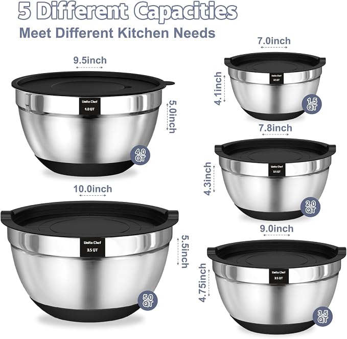 Umite Chef Mixing Bowls with Airtight Lids Set, 8PCS Stainless Steel Nesting Bowls Set, 3 Grater Attachments & Non-Slip Bottoms, Size 5, 4, 3.5, 2, 1.5QT for Baking & Mixing(Black) - Image 2