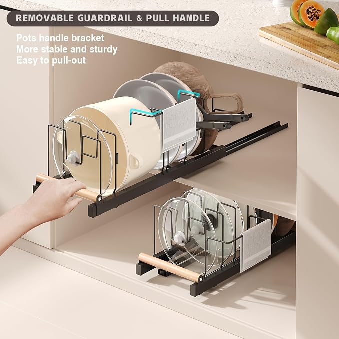 Magheo 2 Pack Pull Out Pots and Pans Organizer Under Cabinet, 22" Deep Expandable Pot Lid Organizer and Storage with 10 Adjustable Dividers Adhesive Pot and Pan Holder Rack with Handle Bracket(Black) - Image 3