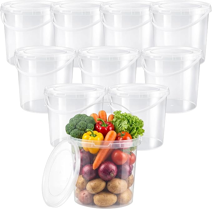 10 Pack 2 Gallon / 256 oz / 7.57 L Clear Plastic Bucket with Handle and Lids Food Storage Containers Freeze Safe Ice Cream Tubs for Deli Kitchen Drinks Home by Unknown