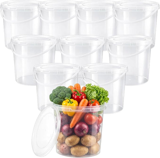 10 Pack 2 Gallon / 256 oz / 7.57 L Clear Plastic Bucket with Handle and Lids Food Storage Containers Freeze Safe Ice Cream Tubs for Deli Kitchen Drinks Home by Unknown