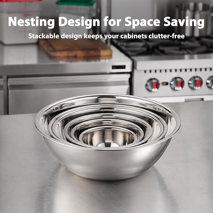 3 Piece Stainless Steel Mixing Bowls Set, 7.8/10/13.1 QT | Extra Large Stainless Steel Mixing Bowls Set, 7.8/10/13.1 QT, Nesting Metal Bowls with Flat Base for Baking, Dough & Catering - Image 4
